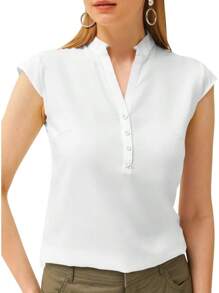 Womens Tops Summer Cap Sleeve V Neck Shirts Business Casual Solid Color Basic 2024 Blouses Tops - trắng - Xem 1
