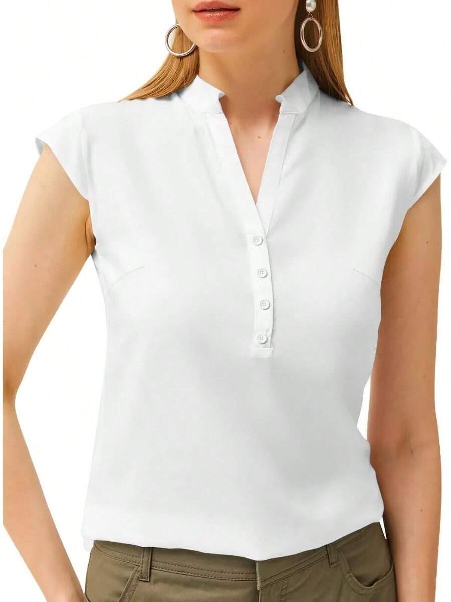 Womens Tops Summer Cap Sleeve V Neck Shirts Business Casual Solid Color Basic 2024 Blouses Tops - trắng - Xem 1