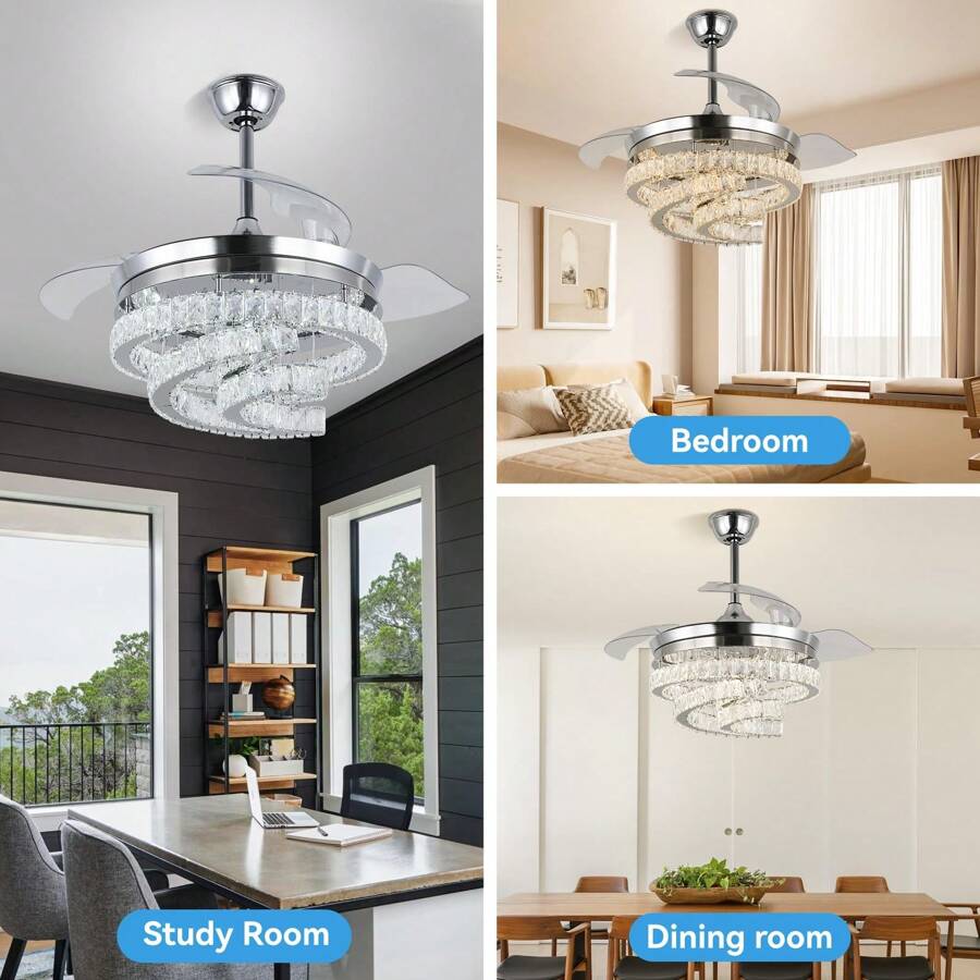 42''Dimmable Fandelier Crystal Chandelier Ceiling Fan Retractable
