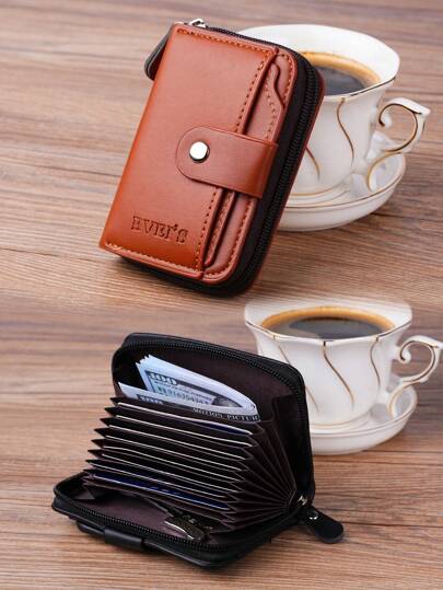 1 Peça Masculino Cor Sólida Pu Acordeão Porta-Cartão, Carteira De Alta Qualidade Fecho De Zíper, Slots De Cartão Separados, Estojo De Identificação Portátil