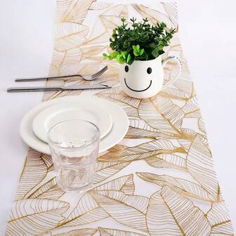 1pc 11" X 108" (27.9cm X 12.9m) Tablecloth, Party Tablecloth Gold Foil Star, Striped, Wavy, Leaf Pattern DIY Glitter Tablecloth, Suitable For Baby Shower, Birthday, Christmas, Halloween (White & Gold)