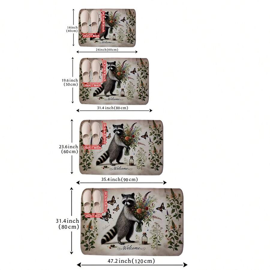 1ชิ้น แผ่นปูพรมตรงทางเข้าที่มีรูปแบบแรคคูนทาสี, พรมตกแต่งหนาระยะปลอดภัย