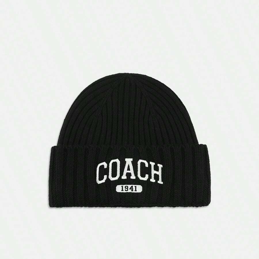 Coach 女士简约无檐小便帽 刺绣帽子 女士冬季保暖针织帽，黑色/白色 - 黑色 - 查看 1