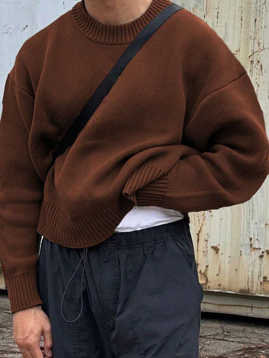 ANDREILEE Men's Casual Pullover Sweater, Streetwear Style, Solid Color, Long Sleeve, Round Neck, Loose Fit, Short Length, Lightweight, Polyester, Suitable For Spring, Autumn And Winter
