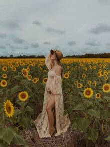 Robe de grossesse en dentelle à manches lanternes, fente élevée, robe de photographie à encolure en V et épaules dénudées pour séance photo