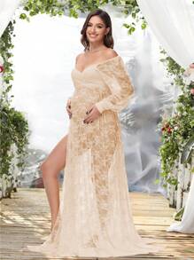 孕妇蕾丝灯笼袖高开衩摄影连衣裙 V 领露肩长礼服，适合拍照