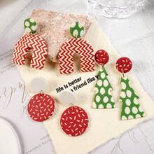 1 对时尚红色和绿色圣诞色手工聚合物粘土耳环，多形状波尔卡圆点图案，圣诞礼物配饰适合女性节日和日常穿着 - 紅綠配色耳環 - 查看 1