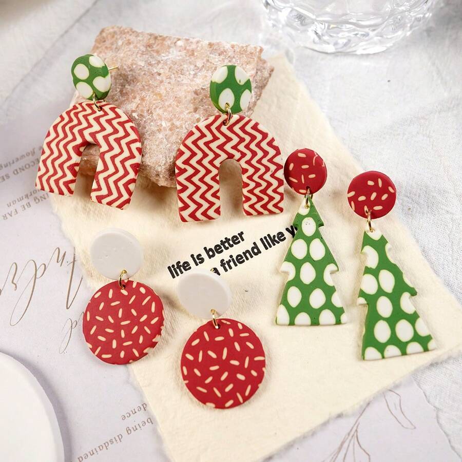 1 对时尚红色和绿色圣诞色手工聚合物粘土耳环，多形状波尔卡圆点图案，圣诞礼物配饰适合女性节日和日常穿着 - 紅綠配色耳環 - 查看 1