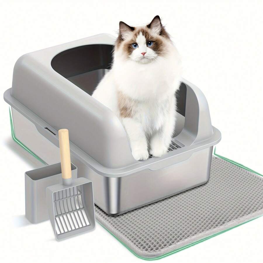 Stainless Steel 20L Enclosed Pet Cat Litter Box With Mat Litter Box For