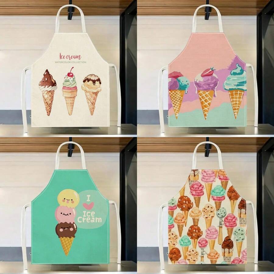 1pc Ice Cream Pattern Linen Apron, Creative & Fashion Print Household Cleaning Apron, Waterproof & Oil-Proof Easy Cleaning Cooking Baking Apron, Creative Home Apron, Work Uniform