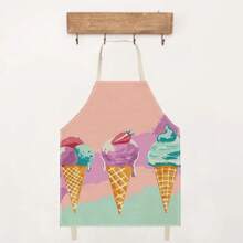 1pc Ice Cream Pattern Linen Apron, Creative & Fashion Print Household Cleaning Apron, Waterproof & Oil-Proof Easy Cleaning Cooking Baking Apron, Creative Home Apron, Work Uniform