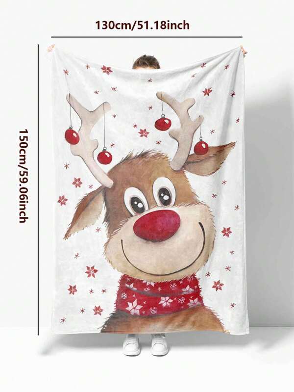 1pc Christmas Cartoon Reindeer Pattern Printed Flannel Blanket, Home Room Decor, Picnic Travel, Fluffy Throw Blanket, Gift For Family Friends, Autumn/Winter