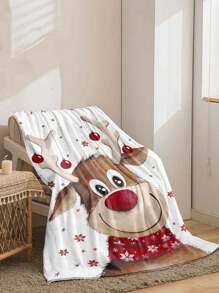 1pc Christmas Cartoon Reindeer Pattern Printed Flannel Blanket, Home Room Decor, Picnic Travel, Fluffy Throw Blanket, Gift For Family Friends, Autumn/Winter