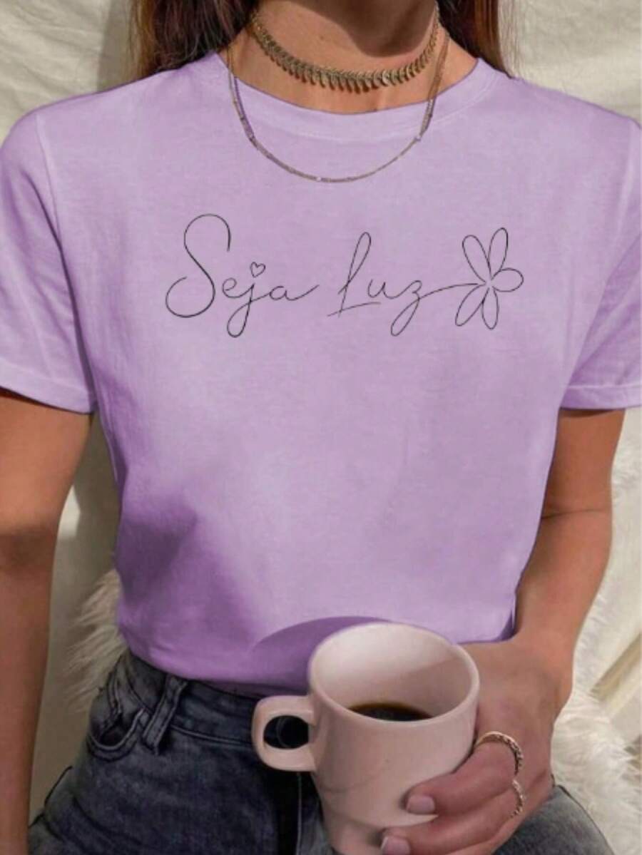 T-Shirt Women's T-Shirt Phrase Be Light 100% Cotton Premium Mesh Versatile Casual Shirt - 紫色 - 查看 1