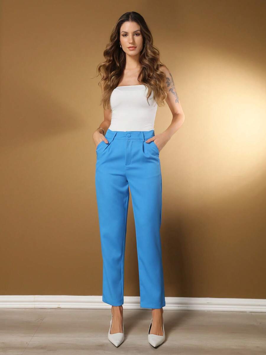 Women's Pants/Tailored Pants/Basic Pants/Elegant Pants/Skinny Pants/Blogger Pants/Fashion Pants - 中等水洗藍 - 查看 1