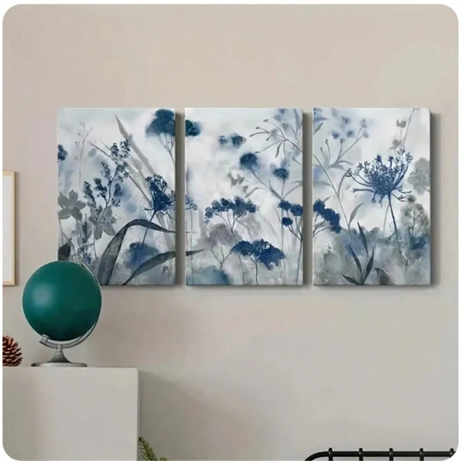 3 件蓝灰色花卉树叶帆布画复古印象派植物海报印刷墙面艺术客厅卧室家居装饰无框 - 彩色 - 查看 1