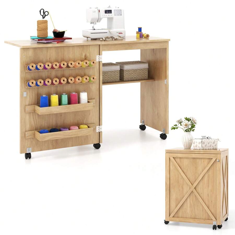 Folding Sewing Table, Multipurpose Craft Station With Compact Design, Storage Shelf, 2 Trays And 18 Pegs, Barn-Door Sewing Cabinet With 5 Lockable Wheels For Small Spaces, Natural - Khaki - View 1