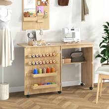 Folding Sewing Table, Multipurpose Craft Station With Compact Design, Storage Shelf, 2 Trays And 18 Pegs, Barn-Door Sewing Cabinet With 5 Lockable Wheels For Small Spaces, Natural - Khaki - View 7