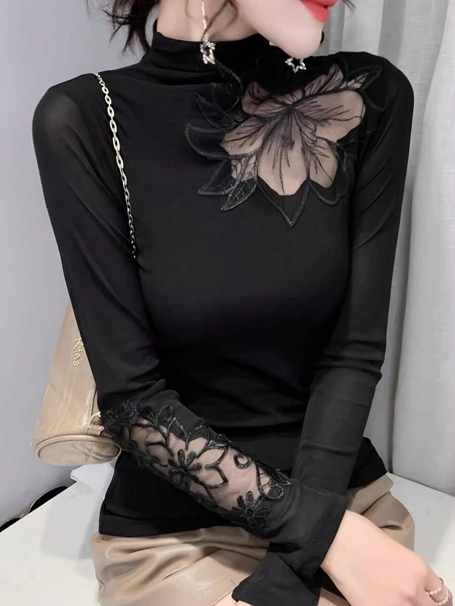 Rollkragen Basisshirt für Damen, Herbst/Winter 2024 Neu Sexy Cut Out Fleece T-Shirt, eng anliegende langärmlige Top Lage,