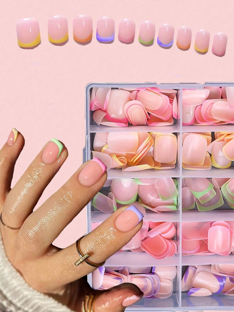 240 miếng dán móng tay nhiều màu sắc, hồng, xanh lá cây, tím phối hợp, hình tròn ngắn, miếng dán móng tay dạng dán, dụng cụ làm móng nghệ thuật. - Nhiều màu - Xem 1