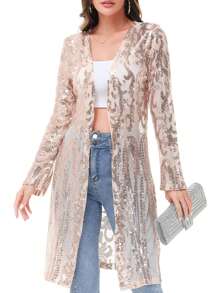 Women's Sparkly Sequin Cardigan Long Sleeve Open Front Glitter Kimono - Màu be - Xem 1