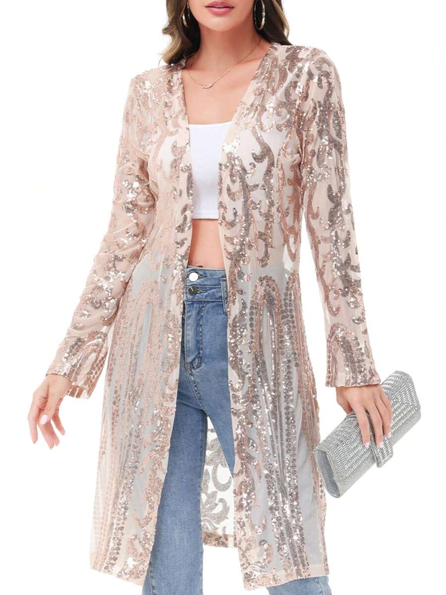Women's Sparkly Sequin Cardigan Long Sleeve Open Front Glitter Kimono - Màu be - Xem 1
