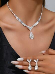 1 bộ trang sức vòng cổ và khuyên tai hình giọt nước đính đá thời trang tối giản dành cho nữ, thích hợp để đeo hàng ngày, đám cưới, tiệc và tiệc tùng (Sản phẩm không bao gồm hộp) - bộ trang sức - Xem 5