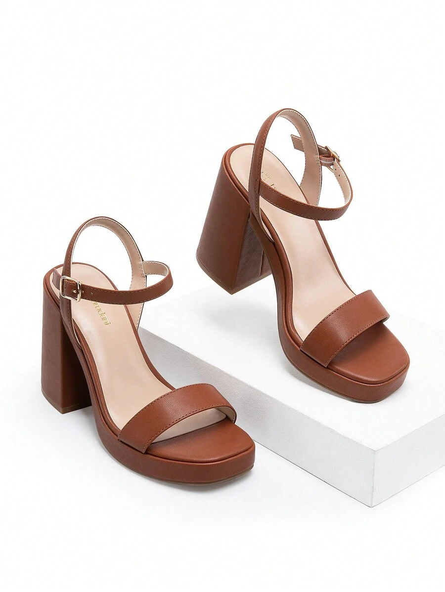 Women Platform High Heeled Sandals Fashionable Ankle Strap Open Square Toe Chunky Heel Sandals For Prom Party Wedding - màu nâu - Xem 1