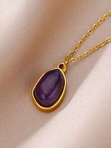 1 pièce Collier pendentif en pierre naturelle violette asymétrique en acier inoxydable pour femme, accessoire mode pour un port quotidien