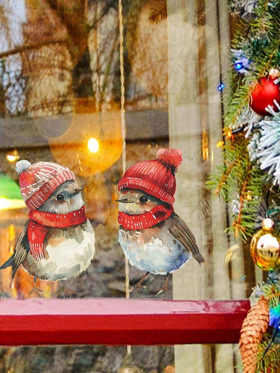 圣诞节教室装饰贴纸，卡通小鸟窗户贴花，圣诞派对客厅装饰，适用于客厅、卧室、餐厅、浴室、家庭办公室、玻璃窗、墙贴装饰 - 聖誕小鳥 - 查看 1