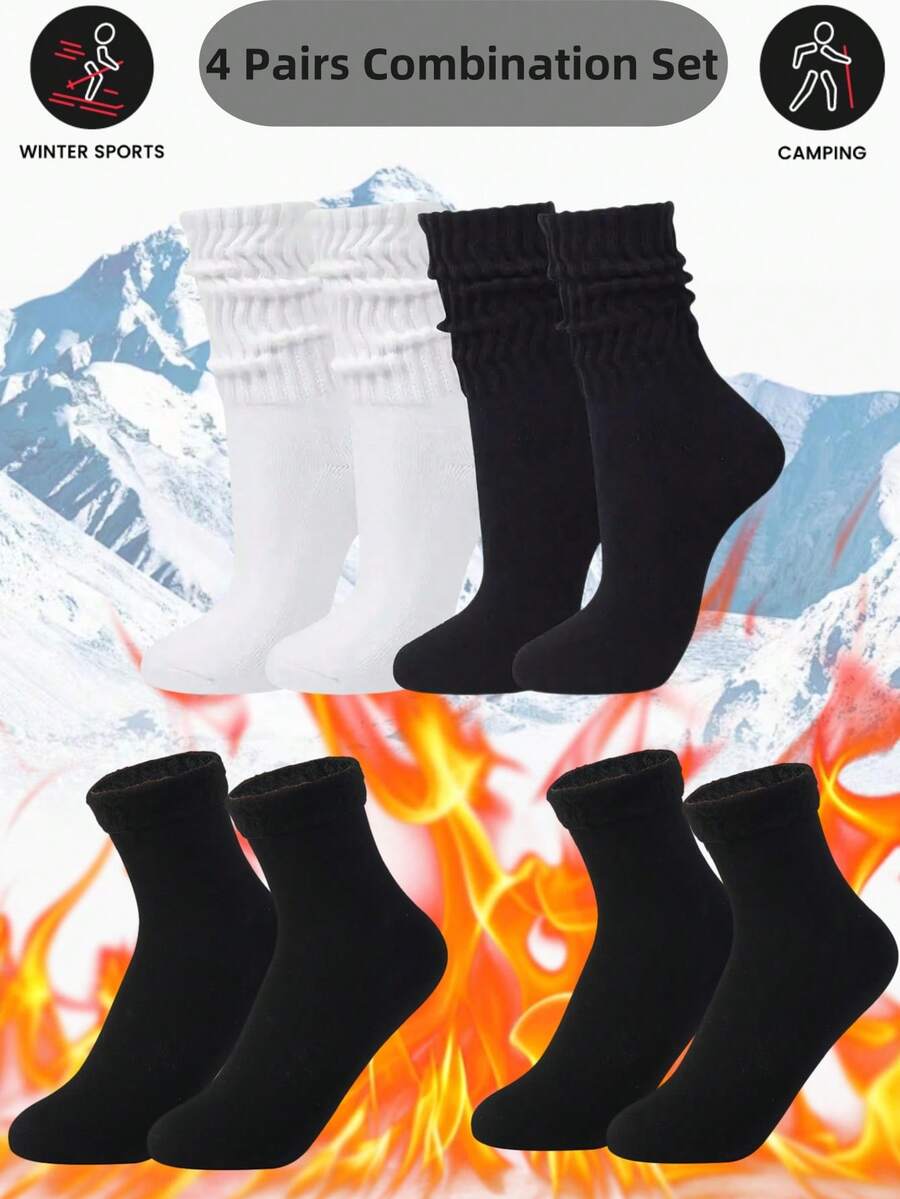 4 Pairs/Set: Black & White Rib Knit Long Slouch Socks & Solid Color Warm Ski Socks For Winter Outdoor Sports - Insulation - Multicolor - View 1