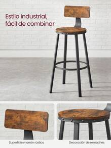 VASAGLE Taburetes de Bar, Juego de 2 taburetes Altos con Respaldo, taburetes de Cocina, Marco de Acero, Asiento de 73,2 cm de Alto, fácil Montaje, Industrial, marrón rústico y Negro - Marrón - Ver 7