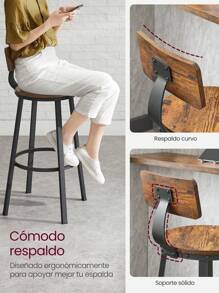 VASAGLE Taburetes de Bar, Juego de 2 taburetes Altos con Respaldo, taburetes de Cocina, Marco de Acero, Asiento de 73,2 cm de Alto, fácil Montaje, Industrial, marrón rústico y Negro - Marrón - Ver 5