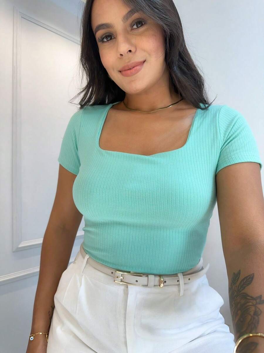Women's Ribbed Blouse Square Neck Short Sleeve Casual Everyday Blouse - Water Green - View 1