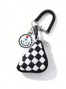 1 túi đựng tai nghe họa tiết bàn cờ, túi đựng móc chìa khóa, ví tam giác mini, ví đựng tiền xu, hộp đựng đồ trang sức, móc chìa khóa cho phụ kiện du lịch - Đen và trắng - Xem 2