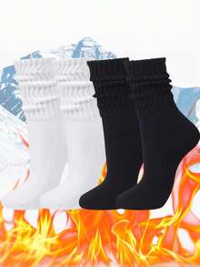 4 Pairs/Set: Black & White Rib Knit Long Slouch Socks & Solid Color Warm Ski Socks For Winter Outdoor Sports - Insulation - Multicolor - View 3