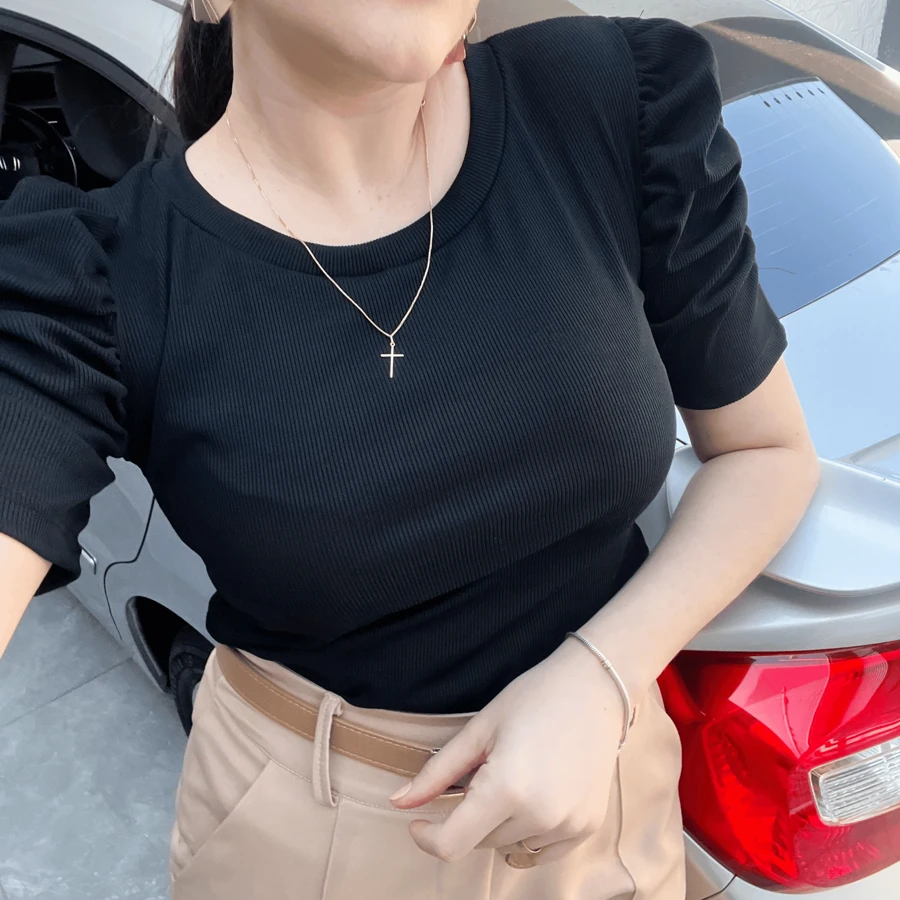 Women's Blouse Puff Sleeve Princess Short Sleeve Elegant Ribbed Blouse - 黑色 - 查看 1