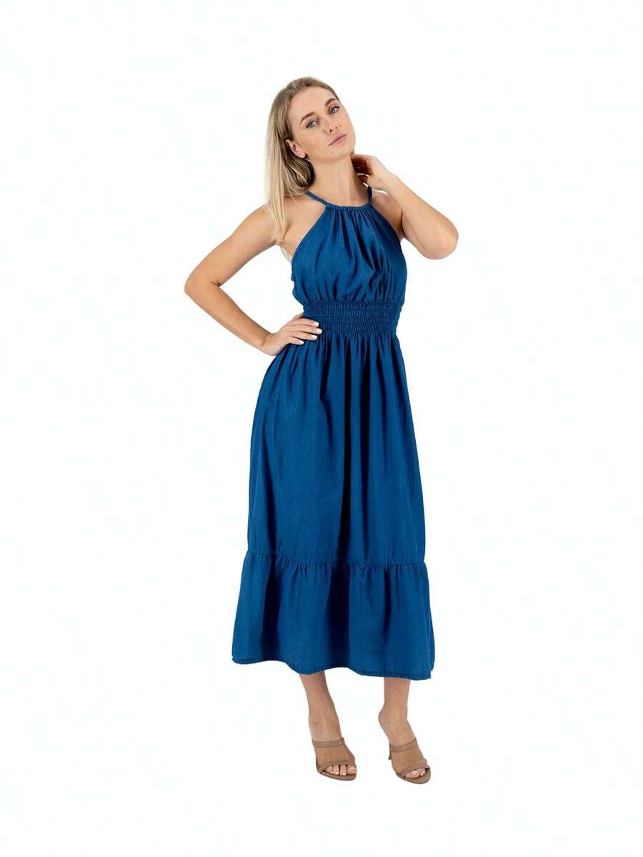 Vestido de Mezclilla con Tirantes.  Ajustable en Cintura - Azul lavado oscuro - Ver 1
