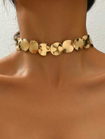 One Stylish Classic Gold And Black Contrast Color Geometric Round Link Necklace, Versatile Metal Style