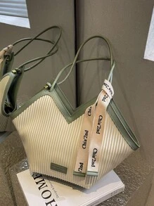 New Style Fashionable And Versatile Contrasting Color Edge Design, Embossed Design Large Capacity Double Handle Shoulder Tote Bag, Letter Embossed Decorative Shoulder Bag, Suitable For Traveling, Shopping, Commuting To Work, And Matching With A Silk Scarf Decorative Design.