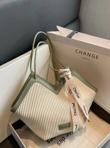 New Style Fashionable And Versatile Contrasting Color Edge Design, Embossed Design Large Capacity Double Handle Shoulder Tote Bag, Letter Embossed Decorative Shoulder Bag, Suitable For Traveling, Shopping, Commuting To Work, And Matching With A Silk Scarf Decorative Design.