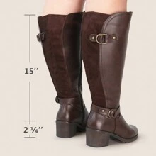 Women's Extra Wide Calf Knee High Riding Boots With Block Heel And Decorated Double Buckle - 咖啡棕 - 查看 3