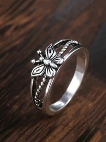 1 件复古镂空蝴蝶设计戒指，金属合金，适合男女，优雅日常佩戴 - 復古銀色 - 查看 1