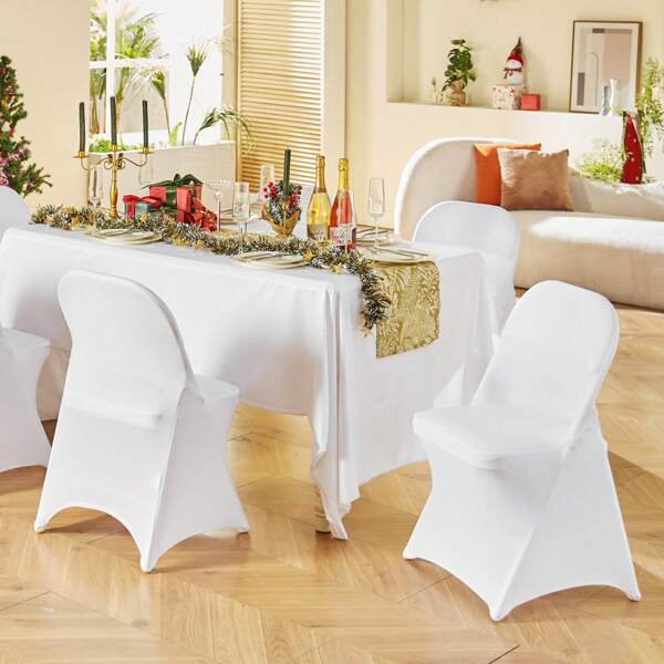 KFFKFF 12Pcs White Stretch Spandex Folding Chair Covers, Universal Fitted Chair Cover, Removable Washable Protective Slipcovers, For Wedding, Holiday, Banquet, Party, Celebration, Dining, Christmas Decor