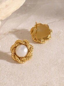 Uworld 1 对女士复古时尚缠绕设计不锈钢花朵耳环简约百搭珍珠耳环 18K 镀金情人节、妈妈、母亲、母亲节、礼物 - 花 - 查看 4