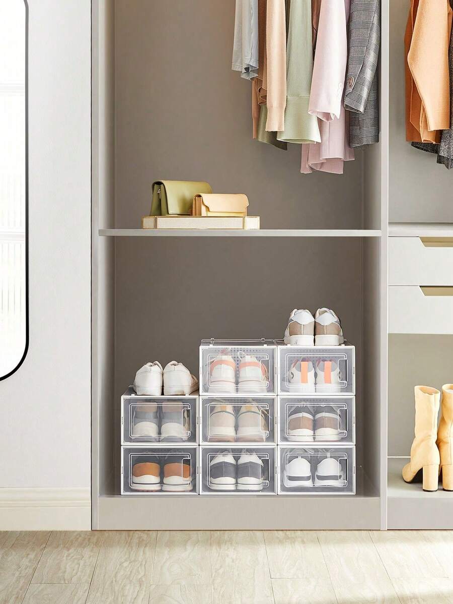 SONGMICS Cajas de Zapatos Plástico, Juego de 18 Organizadores de Almacenamiento, Caja Zapatero Plástico Plegable y Apilable para Zapatillas hasta talla 44, Transparente y Blanco