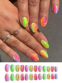 24 Móng tay giả tròn ngắn, sáng tạo và đáng yêu với họa tiết hoa chuyển màu, phù hợp để đeo hàng ngày cho bé gái, miếng dán móng tay giả đội mũ có thể tháo rời. - Nhiều màu - Xem 2