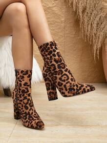 Leopard Print Faux Suede Side Zipper Fashion Pointed Toe Daily Versatile Chunky Heel Mid-Calf Boots For Women, Multi-Colored Leopard Print Pattern Random