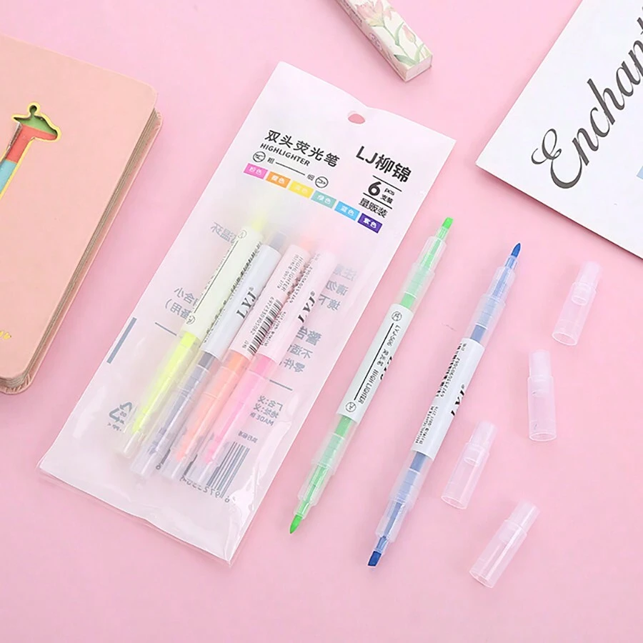 6 支创意双头双色记号笔、学习突出显示文本标记笔、日记涂鸦绘图画笔笔 - 彩色 - 查看 1