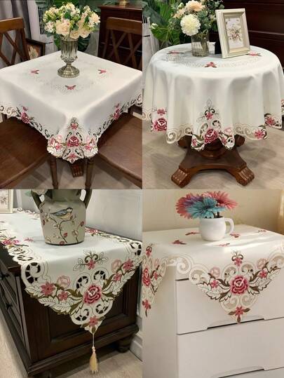 1 件花卉刺绣桌布套，法式浪漫方形/圆形手工镂空耐热装饰桌旗，适用于餐桌、咖啡桌、橱柜、餐具柜、空调机组、微波炉、日常家居使用和婚礼派对
